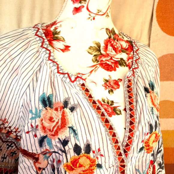 Johnny Was Blue and White Striped Embroidered Colorful Blouse - Picture 3 of 9